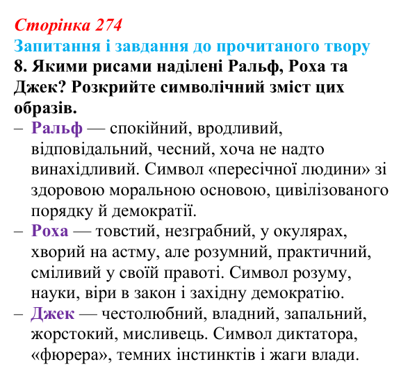 Відповідь до завдання 8 (с. 274) із зарубіжної літератури для 9 класу, Волощук 2026: В. Ґолдінґ, «Володар мух»