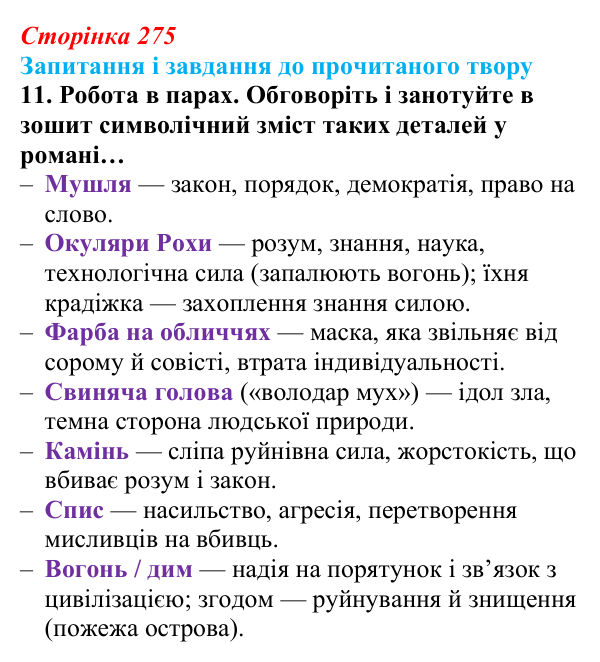 Відповідь до завдання 11 (с. 275) із зарубіжної літератури для 9 класу, Волощук 2026: В. Ґолдінґ, «Володар мух»