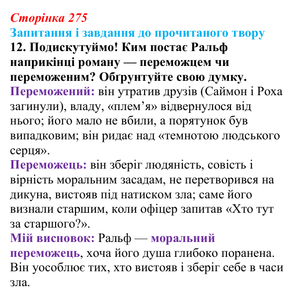 Сторінка 275, завдання 12 Відповідь до завдання 12 (с. 275) із зарубіжної літератури для 9 класу, Волощук 2026: В. Ґолдінґ, «Володар мух»