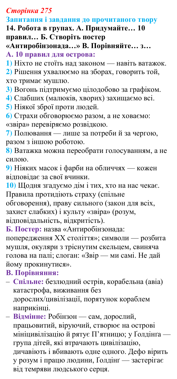 Сторінка 275, завдання 14 Відповідь до завдання 14 (с. 275) із зарубіжної літератури для 9 класу, Волощук 2026: В. Ґолдінґ, «Володар мух»