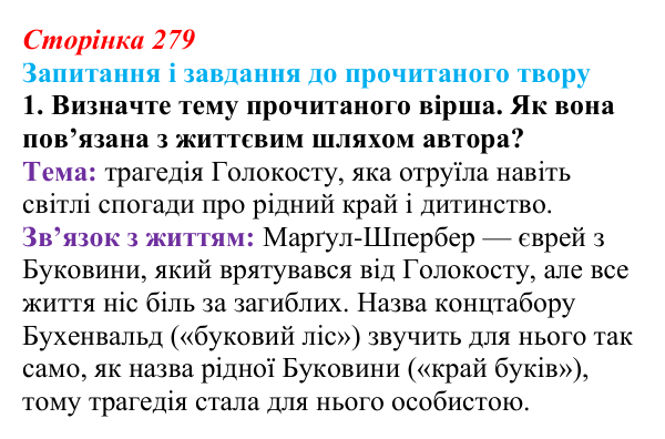 Відповідь до завдання 1 (с. 279) із зарубіжної літератури для 9 класу, Волощук 2026: А. Марґул-Шпербер, «Про назву...