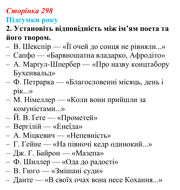 Відповідь до завдання 2 (с. 298) із зарубіжної літератури для 9 класу, Волощук 2026: Підсумки року: узагальнення курсу...