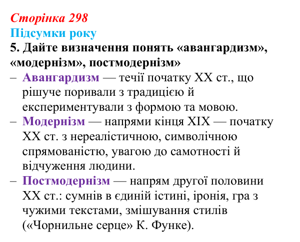 Сторінка 298, завдання 5 Відповідь до завдання 5 (с. 298) із зарубіжної літератури для 9 класу, Волощук 2026: Підсумки року: узагальнення курсу...