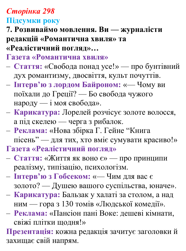 Сторінка 298, завдання 7 Відповідь до завдання 7 (с. 298) із зарубіжної літератури для 9 класу, Волощук 2026: Підсумки року: узагальнення курсу...