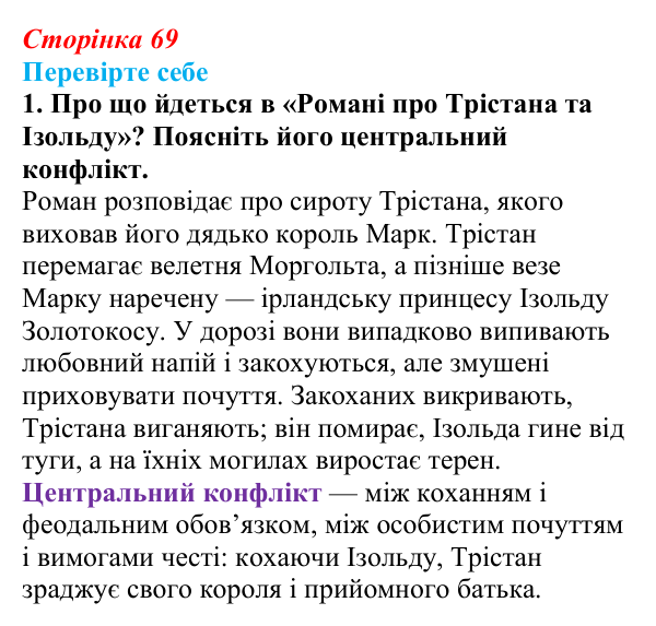 Сторінка 69, завдання 1 Відповідь до завдання 1 (с. 69) із зарубіжної літератури для 9 класу, Волощук 2026: «Роман про Трістана та Ізольду»