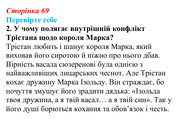 Сторінка 69, завдання 2 Відповідь до завдання 2 (с. 69) із зарубіжної літератури для 9 класу, Волощук 2026: «Роман про Трістана та Ізольду»
