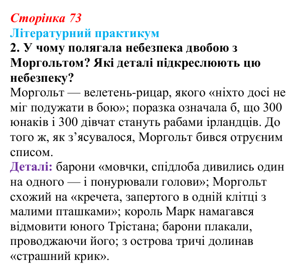 Сторінка 73, завдання 2 Відповідь до завдання 2 (с. 73) із зарубіжної літератури для 9 класу, Волощук 2026: «Роман про Трістана та Ізольду»