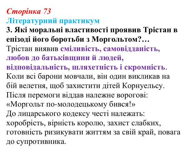 Сторінка 73, завдання 3 Відповідь до завдання 3 (с. 73) із зарубіжної літератури для 9 класу, Волощук 2026: «Роман про Трістана та Ізольду»