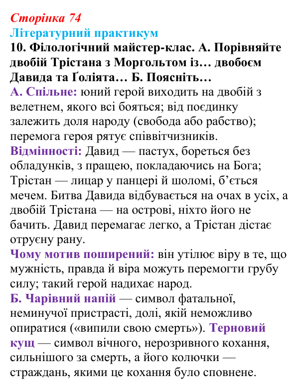Сторінка 74, завдання 10 Відповідь до завдання 10 (с. 74) із зарубіжної літератури для 9 класу, Волощук 2026: «Роман про Трістана та Ізольду»