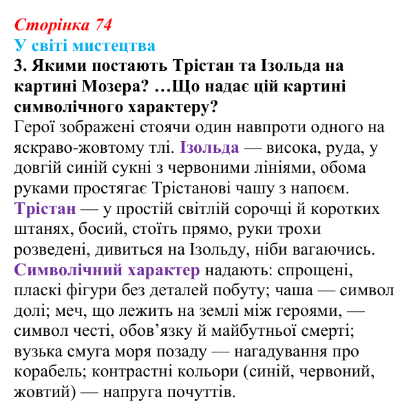 Сторінка 74, завдання 3 (2) Відповідь до завдання 3 (с. 74) із зарубіжної літератури для 9 класу, Волощук 2026: «Роман про Трістана та Ізольду»