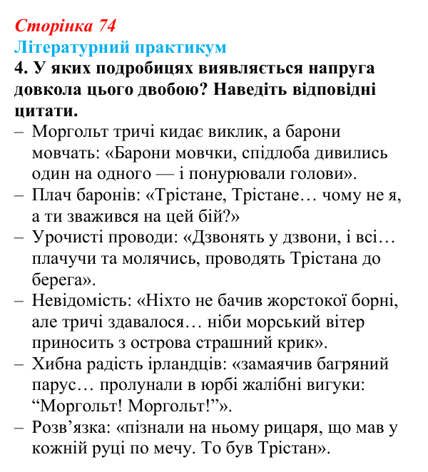 Сторінка 74, завдання 4 Відповідь до завдання 4 (с. 74) із зарубіжної літератури для 9 класу, Волощук 2026: «Роман про Трістана та Ізольду»