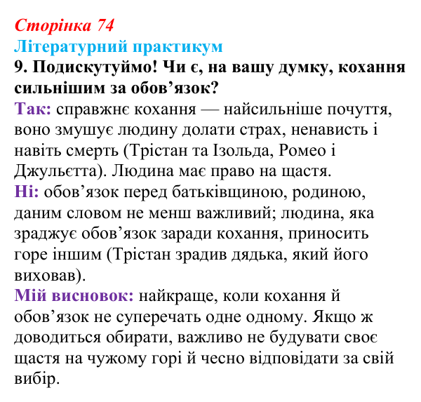 Сторінка 74, завдання 9 Відповідь до завдання 9 (с. 74) із зарубіжної літератури для 9 класу, Волощук 2026: «Роман про Трістана та Ізольду»