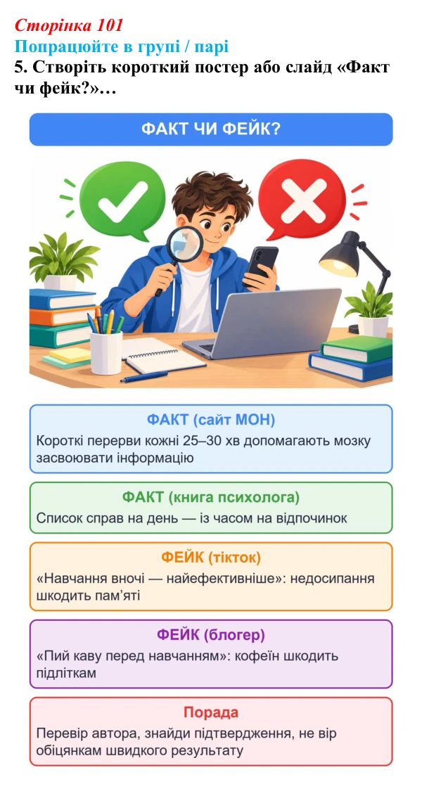 Сторінка 101, робота в групі, завдання 5 Відповідь до роботи в групі, завдання 5 (с. 101) зі здоров’я, безпеки та добробуту для 9 класу, Гущина 2026