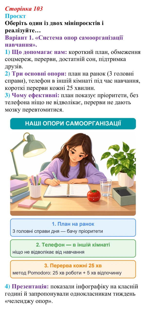 Сторінка 103, проєкт Відповідь до проєкту (с. 103) зі здоров’я, безпеки та добробуту для 9 класу, Гущина 2026: Самоорганізація для навчального...