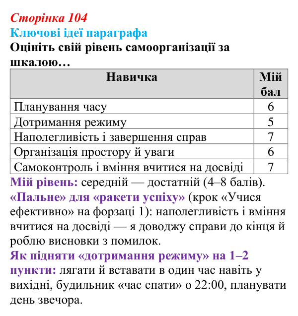 Сторінка 104, ключові ідеї Відповідь до рубрики «Ключові ідеї» (с. 104) зі здоров’я, безпеки та добробуту для 9 класу, Гущина 2026: Самоорганізація...