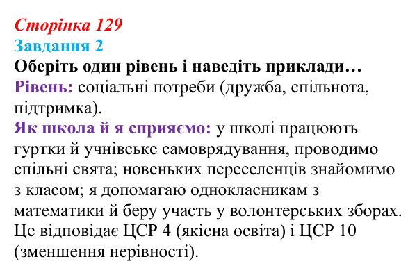 Відповідь до завдання 2 (с. 129) зі здоров’я, безпеки та добробуту для 9 класу, Гущина 2026: Сталий розвиток: від потреб...