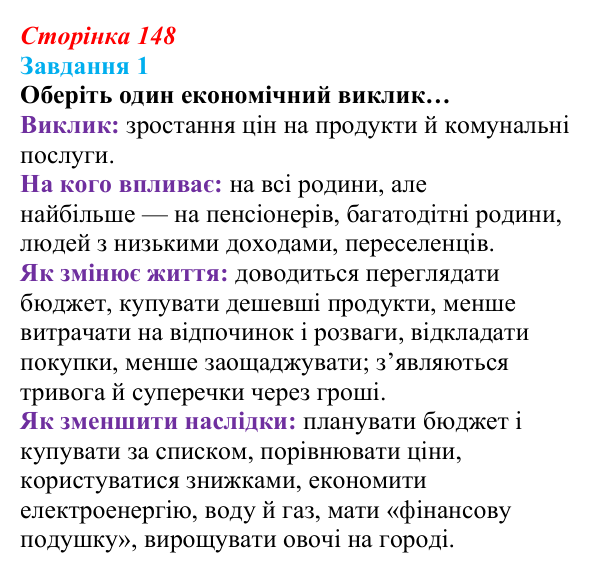 Відповідь до завдання 1 (с. 148) зі здоров’я, безпеки та добробуту для 9 класу, Гущина 2026: Як гроші, робота...