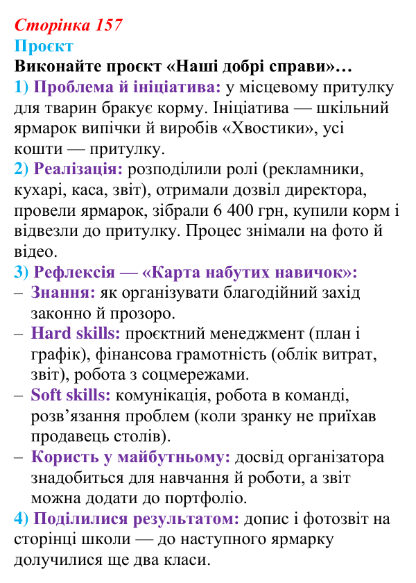 Сторінка 157, проєкт Відповідь до проєкту (с. 157) зі здоров’я, безпеки та добробуту для 9 класу, Гущина 2026: Як гроші, робота й волонтерство...