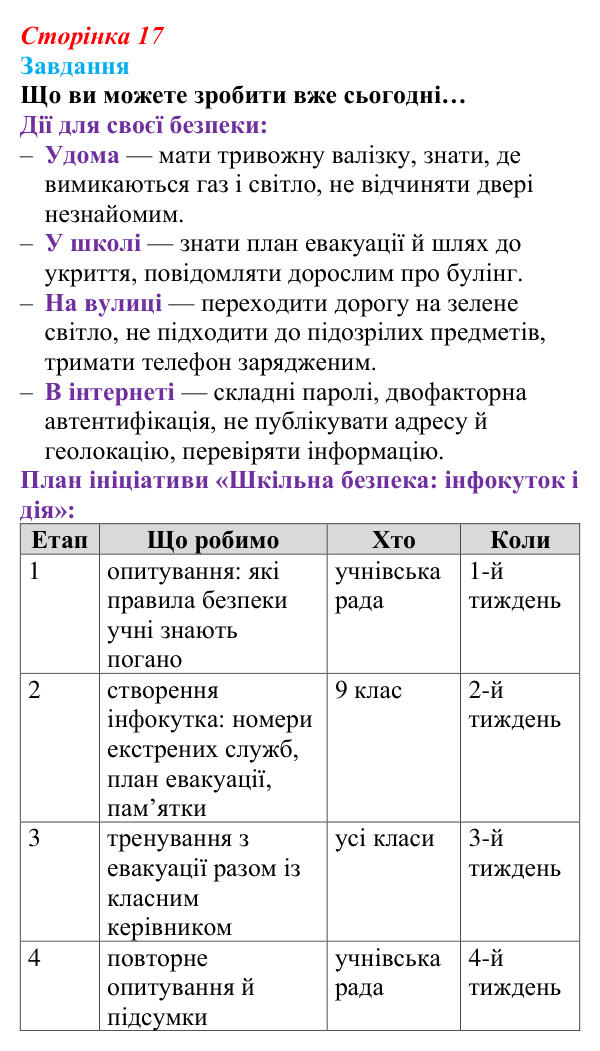 Відповідь до завдання (с. 17) зі здоров’я, безпеки та добробуту для 9 класу, Гущина 2026: Сучасний комплекс проблем безпеки