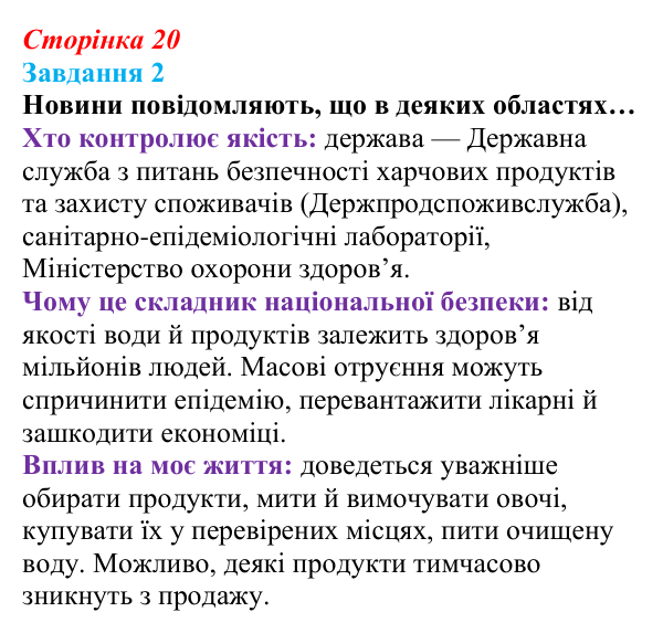 Сторінка 20, завдання 2 Відповідь до завдання 2 (с. 20) зі здоров’я, безпеки та добробуту для 9 класу, Гущина 2026: Сучасний комплекс проблем безпеки