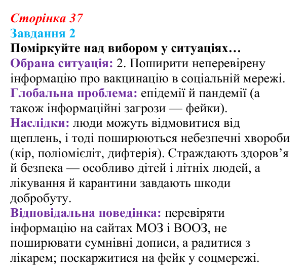 Сторінка 37, завдання 2 Відповідь до завдання 2 (с. 37) зі здоров’я, безпеки та добробуту для 9 класу, Гущина 2026: Глобальні проблеми людства...