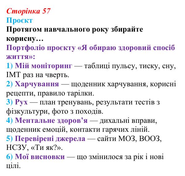 Сторінка 57, проєкт Відповідь до проєкту (с. 57) зі здоров’я, безпеки та добробуту для 9 класу, Гущина 2026: Здоровий спосіб життя задля...