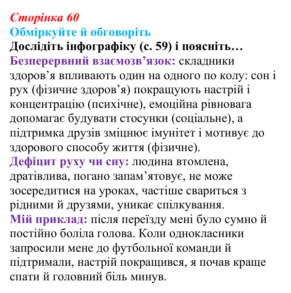 Відповідь до запитань для обговорення (с. 60) зі здоров’я, безпеки та добробуту для 9 класу, Гущина 2026: Рух...