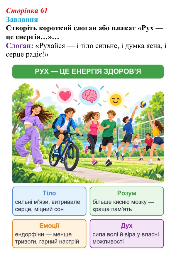 Сторінка 61, завдання Відповідь до завдання (с. 61) зі здоров’я, безпеки та добробуту для 9 класу, Гущина 2026: Рух як синхронізатор складників...
