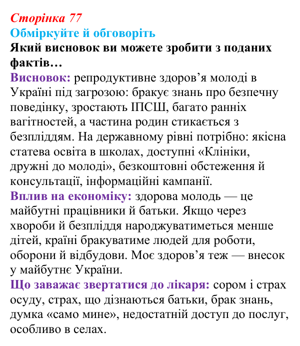 Сторінка 77, запитання Відповідь до запитань для обговорення (с. 77) зі здоров’я, безпеки та добробуту для 9 класу, Гущина 2026: Репродуктивне...