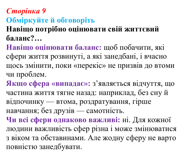 Сторінка 9, запитання Відповідь до запитань для обговорення (с. 9) зі здоров’я, безпеки та добробуту для 9 класу, Гущина 2026: Життя в балансі