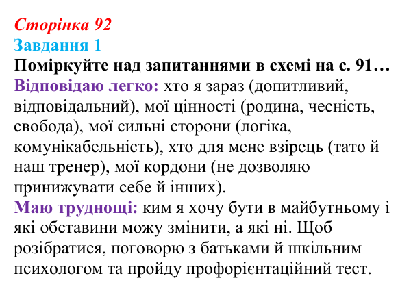 Відповідь до завдання 1 (с. 92) зі здоров’я, безпеки та добробуту для 9 класу, Гущина 2026: На порозі дорослого життя
