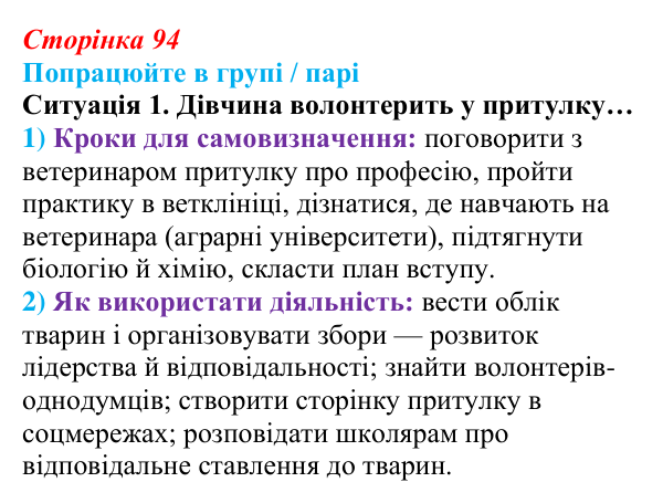Сторінка 94, робота в групі, ситуація 1 Відповідь до роботи в групі, ситуація 1 (с. 94) зі здоров’я, безпеки та добробуту для 9 класу, Гущина 2026: На порозі...
