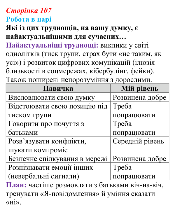 Відповідь до завдання 1 (с. 107) зі здоров’я, безпеки та добробуту для 9 класу, Поліщук 2026: Формування міжособистісних...