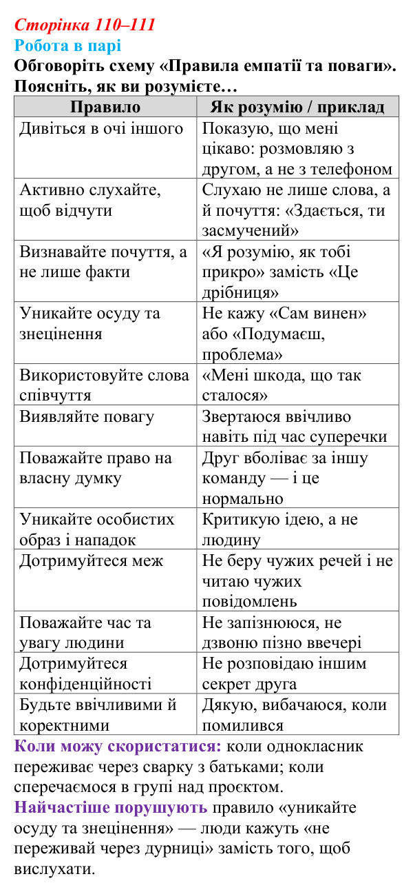 Відповідь до завдання 1 (с. 110–111) зі здоров’я, безпеки та добробуту для 9 класу, Поліщук 2026: Формування...