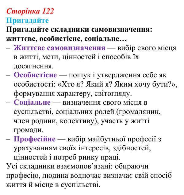 Відповідь до завдання 1 (с. 122) зі здоров’я, безпеки та добробуту для 9 класу, Поліщук 2026: Самовизначення та вибір...