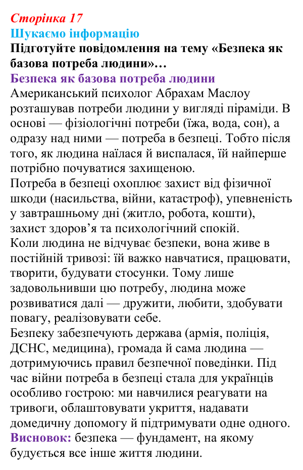 Відповідь до завдання «Шукаємо інформацію» (с. 17) зі здоров’я, безпеки та добробуту для 9 класу, Поліщук 2026: Життєве...