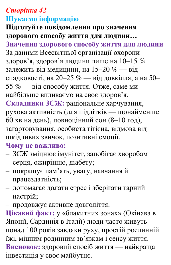 Відповідь до завдання «Шукаємо інформацію» (с. 42) зі здоров’я, безпеки та добробуту для 9 класу, Поліщук 2026: Реалізація...