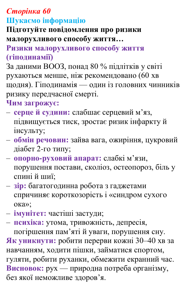 Відповідь до завдання «Шукаємо інформацію» (с. 60) зі здоров’я, безпеки та добробуту для 9 класу, Поліщук 2026: Моніторинг...