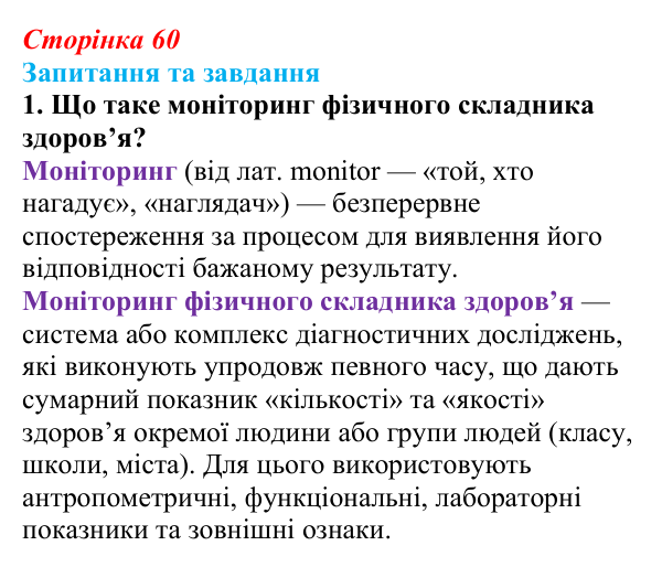 Відповідь до запитання 1 (с. 60) зі здоров’я, безпеки та добробуту для 9 класу, Поліщук 2026: Моніторинг здоров’я