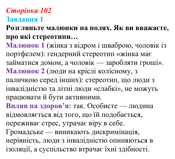 Відповідь до завдання 1 (с. 102) зі здоров’я, безпеки та добробуту для 9 класу, Шиян 2026: Соціальні стереотипи. Культура...