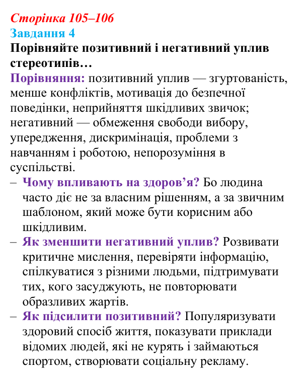 Відповідь до завдання 4 (с. 105–106) зі здоров’я, безпеки та добробуту для 9 класу, Шиян 2026: Соціальні стереотипи...