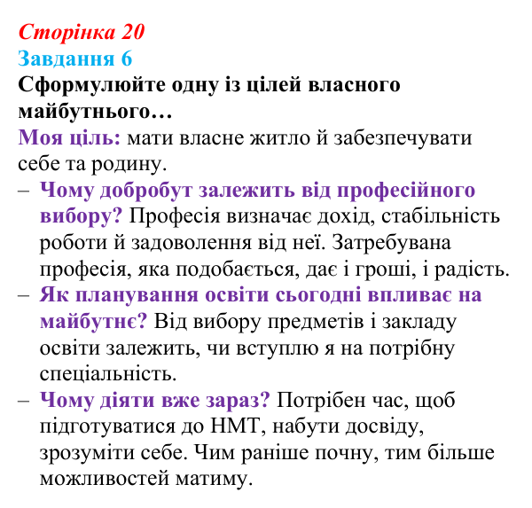 Відповідь до завдання 6 (с. 20) зі здоров’я, безпеки та добробуту для 9 класу, Шиян 2026: Самореалізація в професійному житті