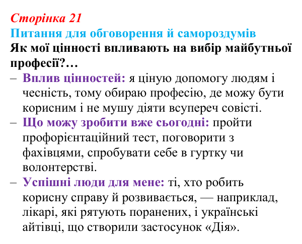 Відповідь до питань для обговорення (с. 21) зі здоров’я, безпеки та добробуту для 9 класу, Шиян 2026: Самореалізація...