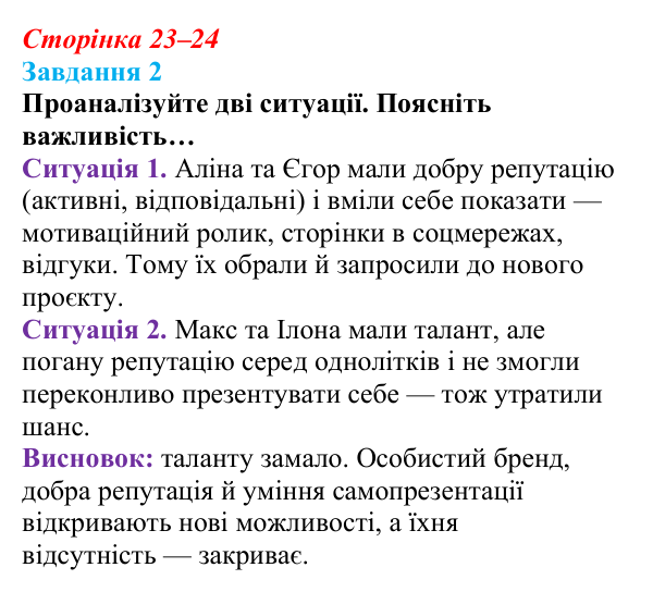 Відповідь до завдання 2 (с. 23–24) зі здоров’я, безпеки та добробуту для 9 класу, Шиян 2026: Самопрезентація «Починаю свою...