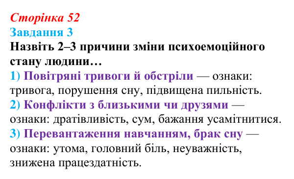 Відповідь до завдання 3 (с. 52) зі здоров’я, безпеки та добробуту для 9 класу, Шиян 2026: Психологічна самодопомога