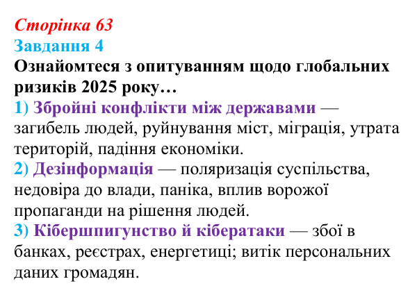 Відповідь до завдання 4 (с. 63) зі здоров’я, безпеки та добробуту для 9 класу, Шиян 2026: Глобальна безпека