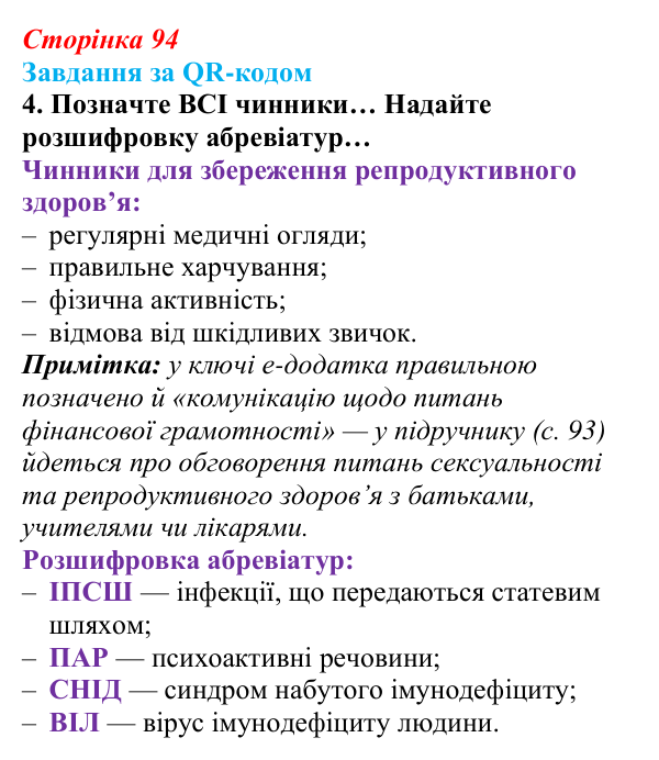 Відповідь до завдання за QR-кодом, завдання 4 (с. 94) зі здоров’я, безпеки та добробуту для 9 класу, Шиян 2026