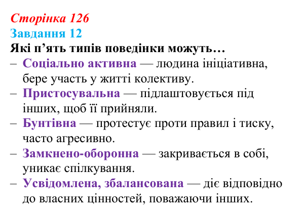 Відповідь до завдання 12 (с. 126) зі здоров’я, безпеки та добробуту для 9 класу, Василенко 2026: Людина серед людей