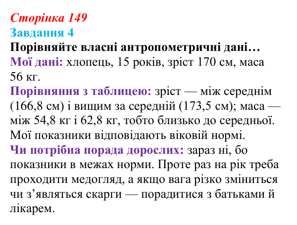 Відповідь до завдання 4 (с. 149) зі здоров’я, безпеки та добробуту для 9 класу, Василенко 2026: Моє тіло змінюється...