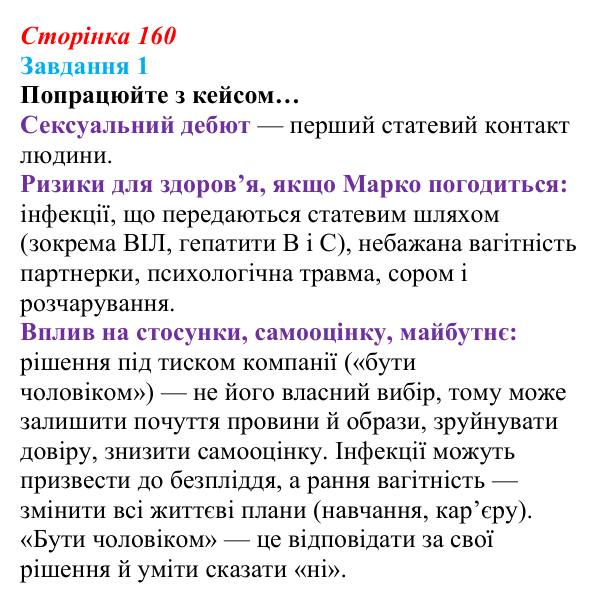 Відповідь до завдання 1 (с. 160) зі здоров’я, безпеки та добробуту для 9 класу, Василенко 2026: Сексуальність і безпека...